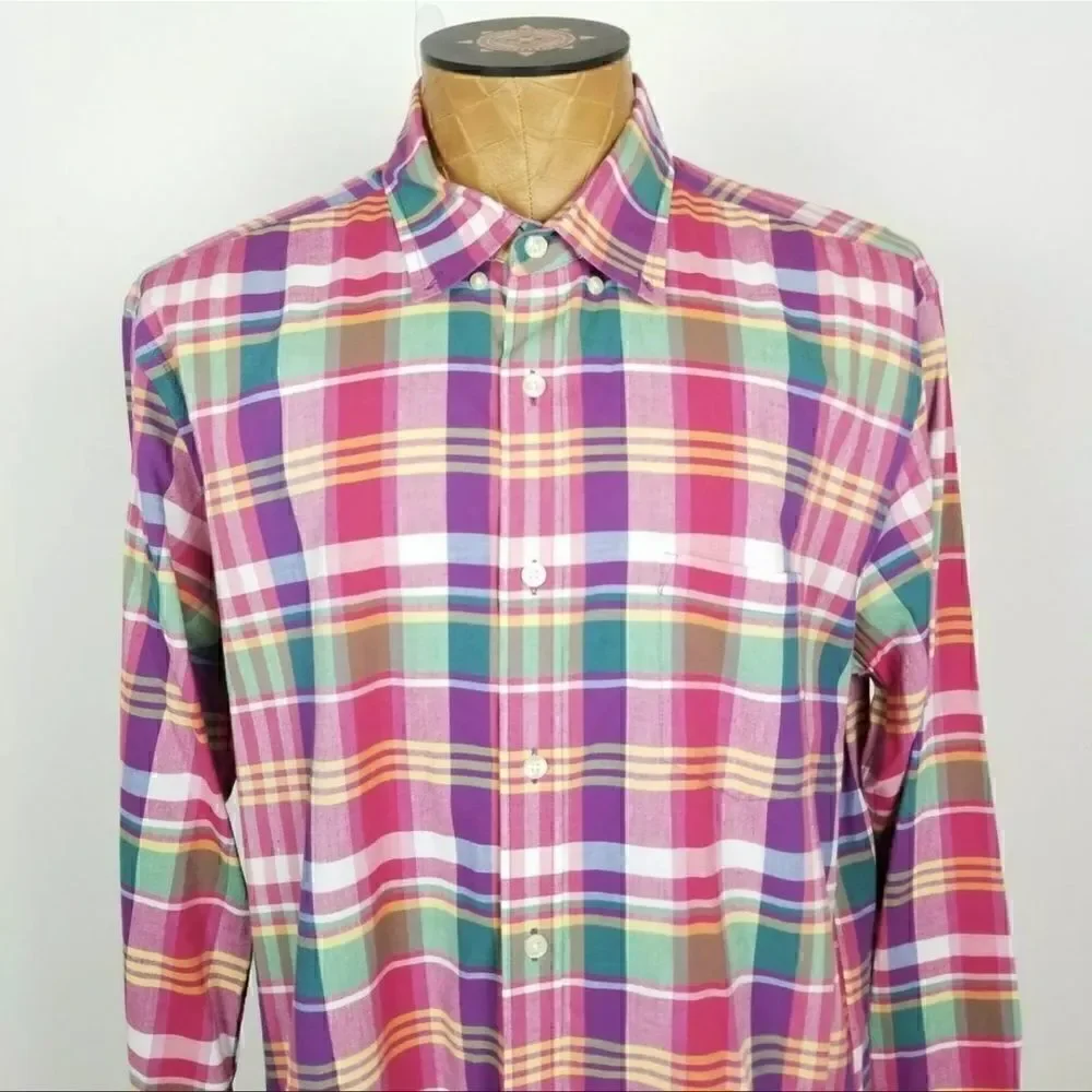 J. Crew Size XL Slim Fit Summer Plaid Button Down Shirt Pink Purple Green Blue